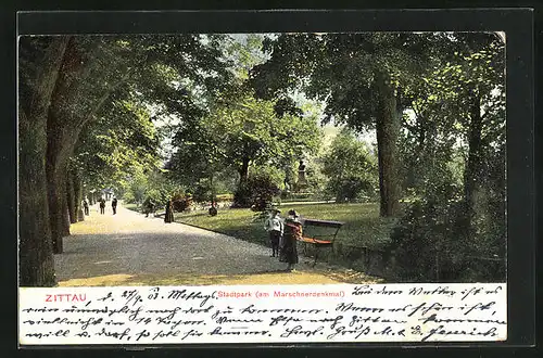 AK Zittau, Stadtpark am Marschnerdenkmal