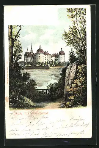AK Moritzburg, Blick über das Wasser zum Jagdschloss