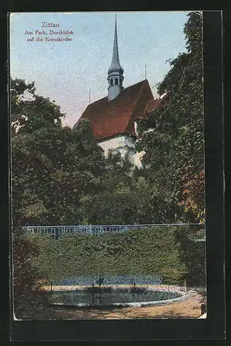 AK Zittau, Am Park, Durchblick auf die Kreuzkirche