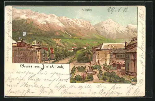Lithographie Innsbruck, Rennplatz mit Gebirgswand