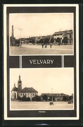 AK Velvary, Ortspartie mit Kirche, Häusern, Säule und Laterne