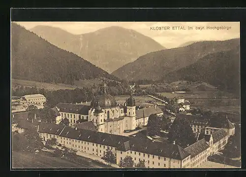 AK Ettal, Blick zum Kloster im bayr. Hochgebirge