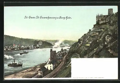 AK St. Goar, Ortsansicht mit Blick auf Burg Katz und St. Goarshausen