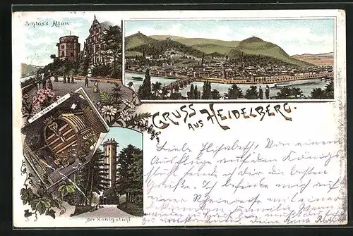 Lithographie Heidelberg, Schloss Altan, Das grosse Fass, Der Königstuhl