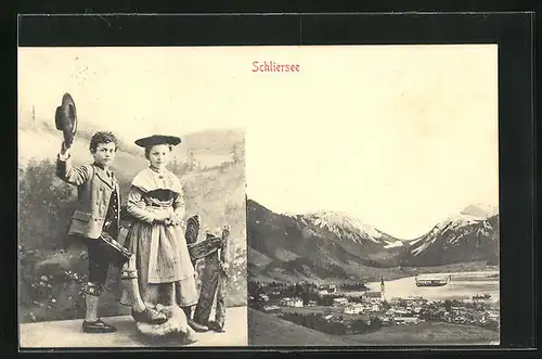 AK Schliersee, Panoramablick auf Ort und See, Kinder in Tracht