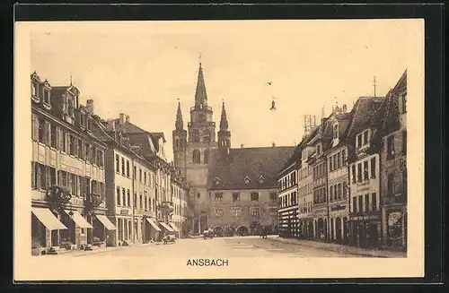 AK Ansbach, Strasse am Martin-Luther-Platz mit Geschäften