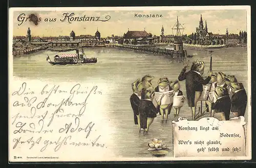 Lithographie Konstanz, Froschkonzert am Hafen