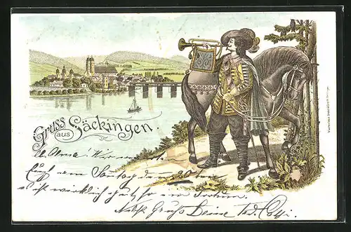 Lithographie Säckingen, Trompeter von Säckingen mit Pferd