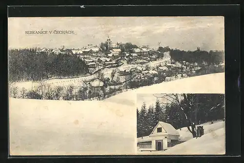 AK Sebranice v Cechach, Panorama & Ortspartie im Winter