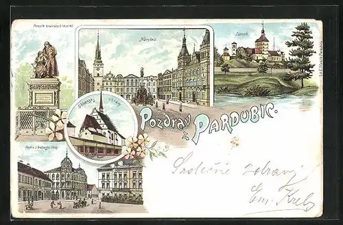 Lithographie Pardubice, Námesti, Pomnik bratrancu Veverku, Zámek, Dekanský chrám