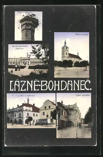 AK Bad Bochdanetsch / Lazne Bohdanec, Farni Kostel, C. k. posta a radnice, Cást námesti