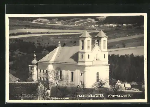 Foto-AK Pschibislawitz / Prybyslavice, Blick nach Kirche