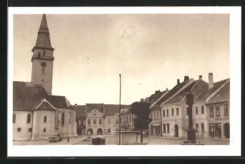 AK Jemnice, Ortspartie mit Kirchturm