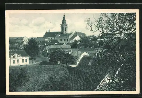 AK Mor. Budejovice, Teilansicht des Ortes mit Kirche