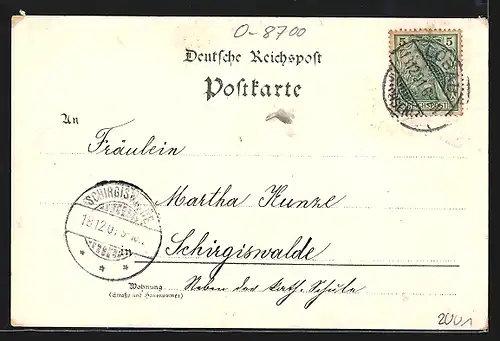 Lithographie Löbau, Ortsansicht mit Kirche und Restaurant Honigbrunnen