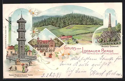 Lithographie Löbau, Siegesdenkmal, König Friedrich August-Turm und Restauration, Gebirgspanorama