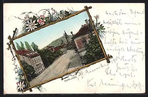 AK Durlach, Strassenpartie mit Bäumen, Passepartout