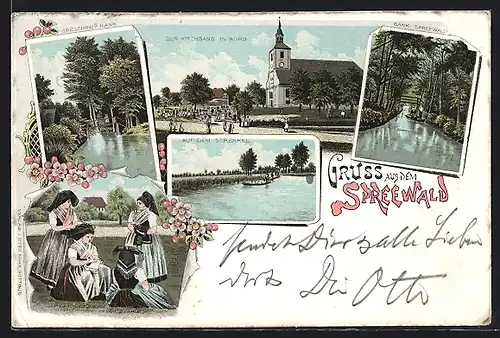 Lithographie Burg / Spreewald, Auf dem Strenkel, Kirchgang, Frauen in Tracht