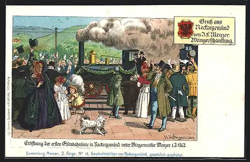 Lithographie Neckargemünd, Eöffnung der ersten Eisenbahnlinie 1862, Weingrosshandlung J. F. Menzer