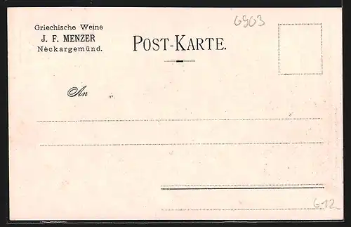 Lithographie Neckargemünd, Eöffnung der ersten Eisenbahnlinie 1862, Weingrosshandlung J. F. Menzer