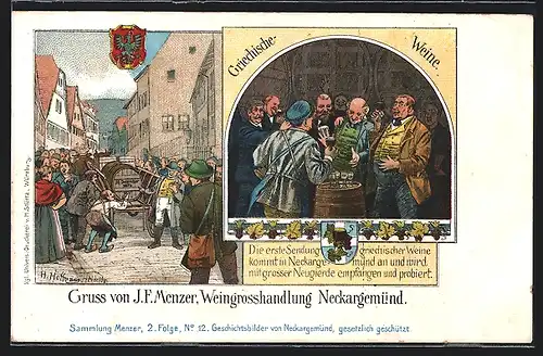 Lithographie Neckargemünd, J. F. Menzer Weingrosshandlung, Wappen