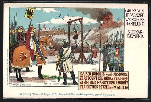 Lithographie Neckargemünd, Kaiser rudolph von Habsburg zerstört die Burg Reichenstein, Weingrosshandlung J. F. Menzer