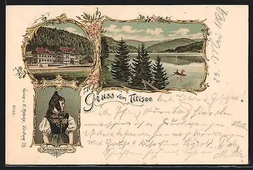 Lithographie Titisee, Hotel zum Bären, Schwarzwälderin in Tracht