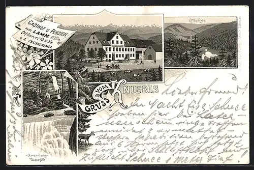 Lithographie Kniebis, Gasthof und Pension zum Lamm, Ellbachsee, Sankenbacher Wasserfälle