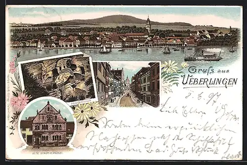 Lithographie Ueberlingen, Totalansicht mit Franziskanerstrasse