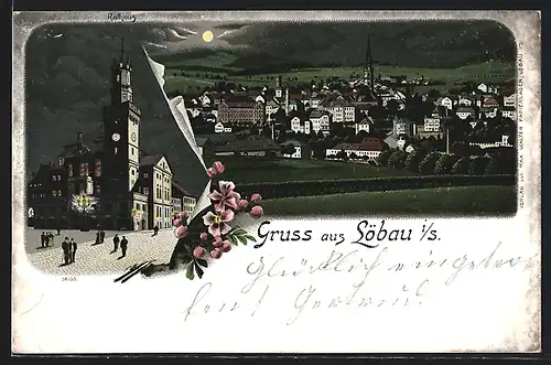 Lithographie Löbau i. S., Rathaus und Teilansicht bei Mondschein