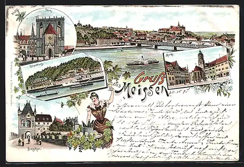 Lithographie Meissen, Burgtor, Dom, Markt, Gesamtansicht