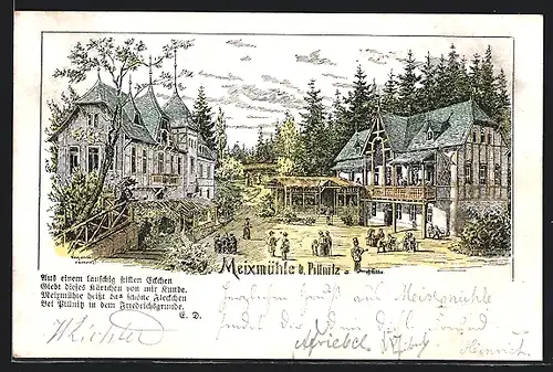 AK Dresden-Pillnitz, Ortspartie mit Meixmühle und Gedicht