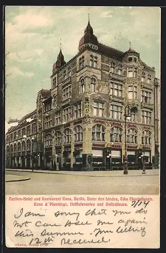 AK Berlin, Carlton Hotel und Restaurant Kons, Unter den Linden Ecke Charlottenstrasse