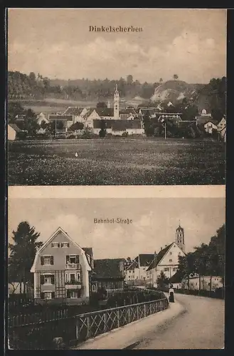 AK Dinkelscherben, Teilansicht, Bahnhof-Strasse mit Kirche