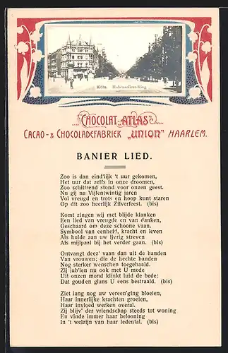 Präge-AK Köln-Neustadt, Strasse Hohenzollern-Ring mit Litfasssäule, Banier-Lied, Passepartout