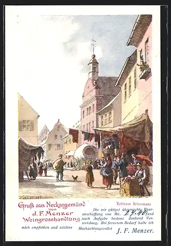 Künstler-AK Neckargemünd, Rathaus Bohrermarkt, Weingrosshandlung von J. F. Menzer