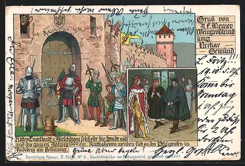 AK Neckargemünd, Weingrosshandlung Gemünd, Geschichtbild von Neckargmünd