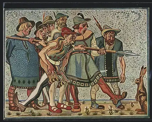AK Dresden, Villeroy & Boch, Keramische Werke AG, Bauabteilung Waisenhausstrasse 8, Mosaik-Bild Hasenjagd mit Lanze