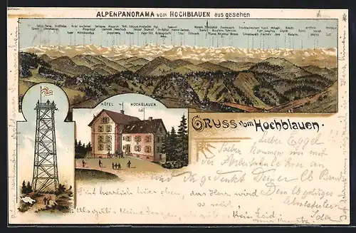 Lithographie Badenweiler, Alpenpanorama und Hotel Hochbaluen mit Aussichtsturm
