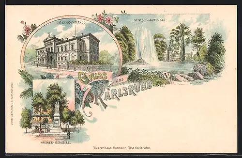 Lithographie Karlsruhe, Generalcommando, Schlossgartensee, Kriegerdenkmal