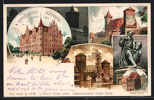 Lithographie Nürnberg, Grand Hotel Carl Schnorr, Henkersteg, Burg, Hans Sachs Monument, Dürer-Haus