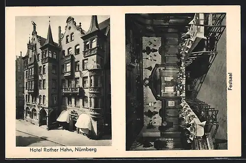 AK Nürnberg, Hotel Rother Hahn mit Strasse und Festsaal