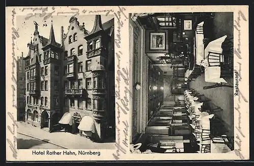 AK Nürnberg, Hotel Rother Hahn, Aussen- und Innenansicht