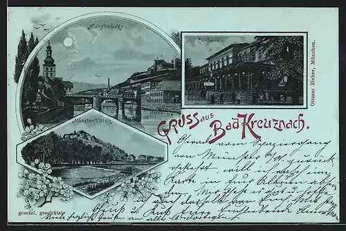 Lithographie Bad Kreuznach, Nahebrücke, Kurhaus, Münster a. Stein