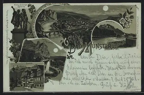 Mondschein-Lithographie Bad Münster a. St., Trinkhalle, Kurgartenpartie, Ebernburg