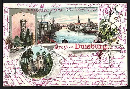 Lithographie Duisburg, Aussichtsthurm, Wasserthurm auf dem Kaiserberg, Hafen