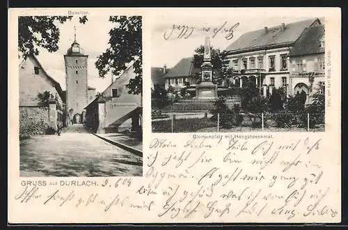 AK Durlach, Baseltor, Blumenplatz mit Hengstdenkmal