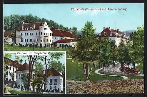 AK Krumbad /Schwaben, Teilansicht mit Adelheidsburg, Pavillon im Kurgarten