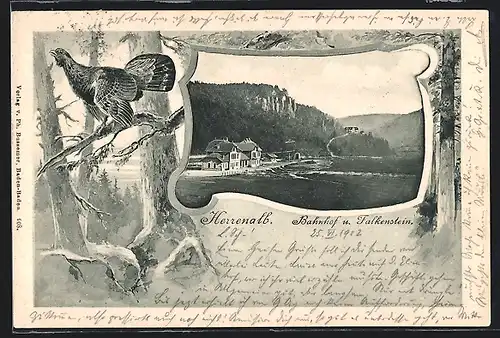 Künstler-AK Herrenalb, Bahnhof und Falkenstein aus der Vogelschau, Auerhahn