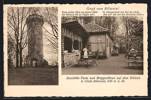 AK Gross-Almerode, Gasthaus auf dem Bilstein, Gartenansicht mit Wirtin, Aussichtsturm